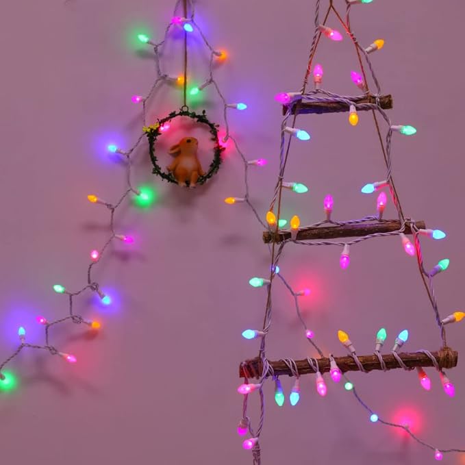 Easter String Lights LED Multi Color Glass C3 Lights 50 Count Easter Pastel Light 120V UL Certified Connectable Outdoor String Light White Wire for Party Patio Home