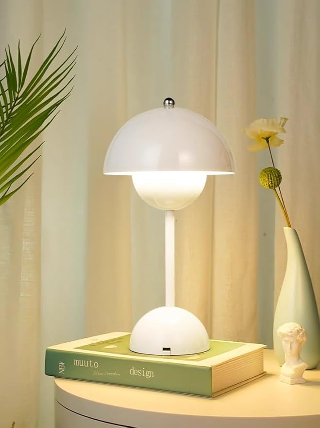 Vintage Style Dome Table Lamp, W,Crystal Flowerpot Table Lamp Portable Cordless Mushroom Lamp | Mushroom Lamp Cordless | Touch-Enabled Nordic | Portable Art Deco (White)