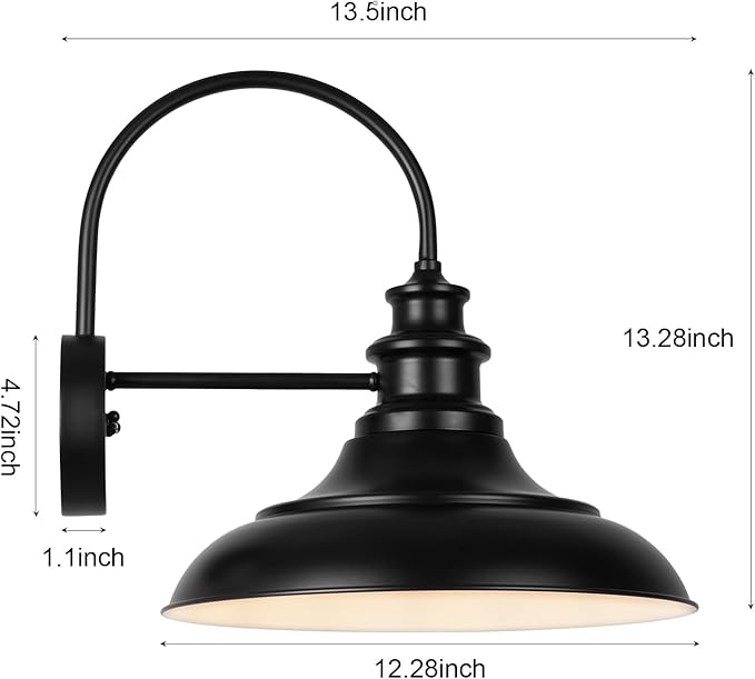 Dusk to Dawn Sensor Outdoor Barn Light Fixture, 12.3 Inch Dome Farmhouse Outdoor Wall Sconce, Gooseneck Exterior Wall Mount Light, Industrial Black White Finish Wall Lantern for Porch, DDRZ004 BK+WH