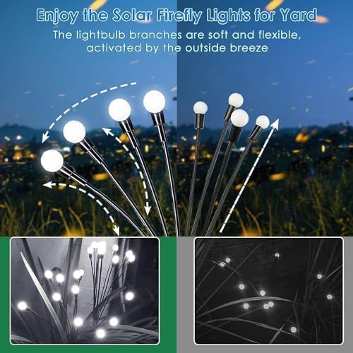 OZS 12 Pack Total 96 LED Solar Garden Lights Fairy Outdoor - Solar Firefly Lights Outdoor, Sway by Wind, Waterproof for Garden Patio Pathway Fairy Decoration (Cold White)
