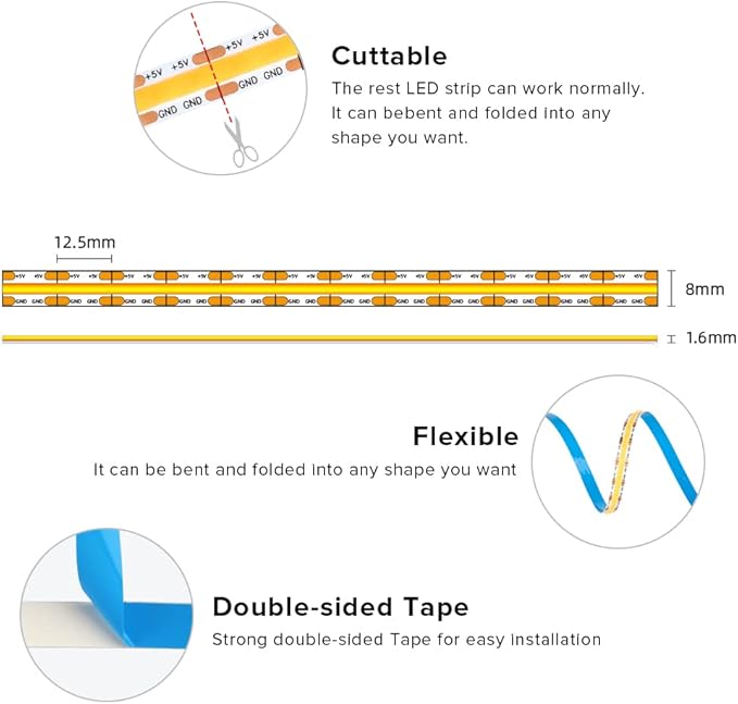 BTF-LIGHTING FCOB COB FOB LED Strip Lights 5V USB Powered 3.28FT 320LEDs Natural White 4000K 8mm Width Dimmable CRI 90+ with 3M Tape Flexible High Density for 3D Printer TV Backlight PC DIY Decor