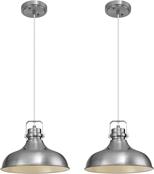 Brushed Nickel Farmhouse Pendant Lights Matte Pendant Lighting for Kitchen Island Industrial Adjustable Height Vintage Dome Hanging Light Fixtures for Barn, Dining Room 2 Packs