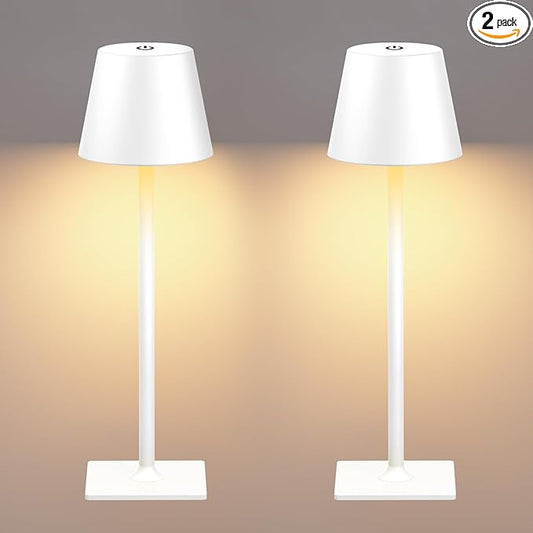 White Cordless Table Lamp Set of 2 for Patio Restaurant Home Dinner Kitchen