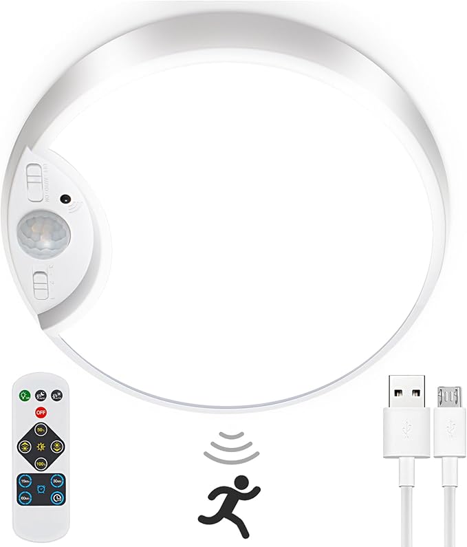 Rechargeable Motion Sensor Light with Remote Wireless Ceiling Light Battery Operated Closet Lights Battery Powered Ceiling Light Timing Dimmable 7.8in for Closets Shower Stair Pantry Hallway Porch