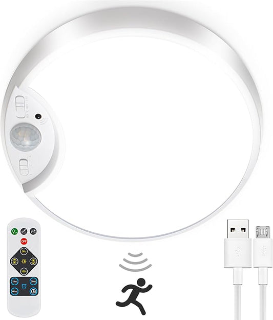 Rechargeable Motion Sensor Light with Remote Wireless Ceiling Light Battery Operated Closet Lights Battery Powered Ceiling Light Timing Dimmable 7.8in for Closets Shower Stair Pantry Hallway Porch
