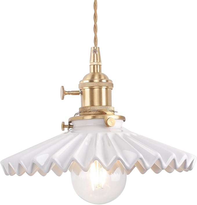 Pendant Light with White Pleated Ceramic Lmapshade, Brass Vintage Pendant Light Adjustable Hanging Light for Kitchen Island Dining Room Hallway