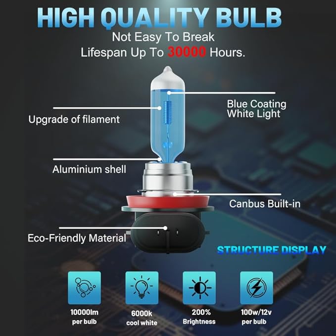 Halogen Headlight Bulbs Fit For Nissan Altima 2007-2018, High Low Beam Bulbs Combo, 100W 6000K White 300% Brightness, Plug and Play, 4-Pack