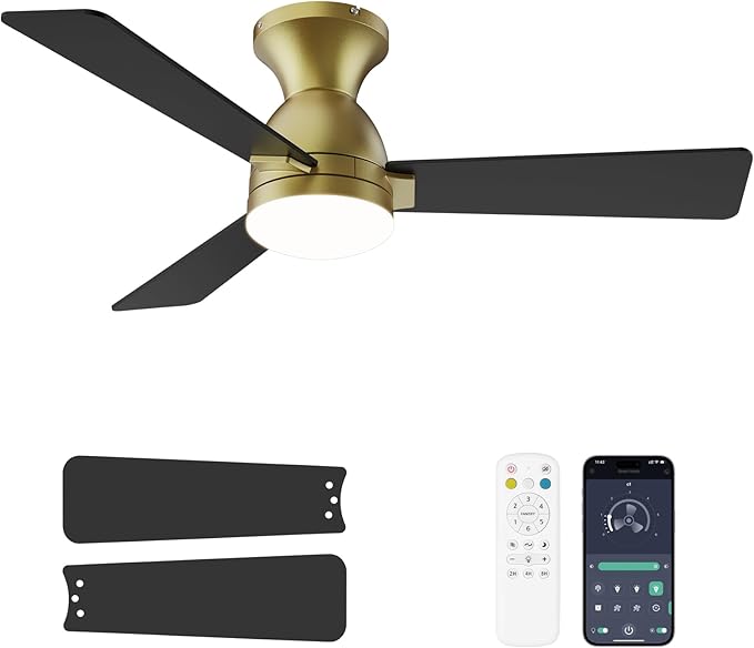 Ceiling Fans with Lights and Remote, 42 Inch Ceiling Fan with Light, Low Profile, Reversible, Dimmable LED, Flush Mount, Quiet, DC Motor, Gold Ceiling Fan for Bedroom, Kitchen, Dining Room