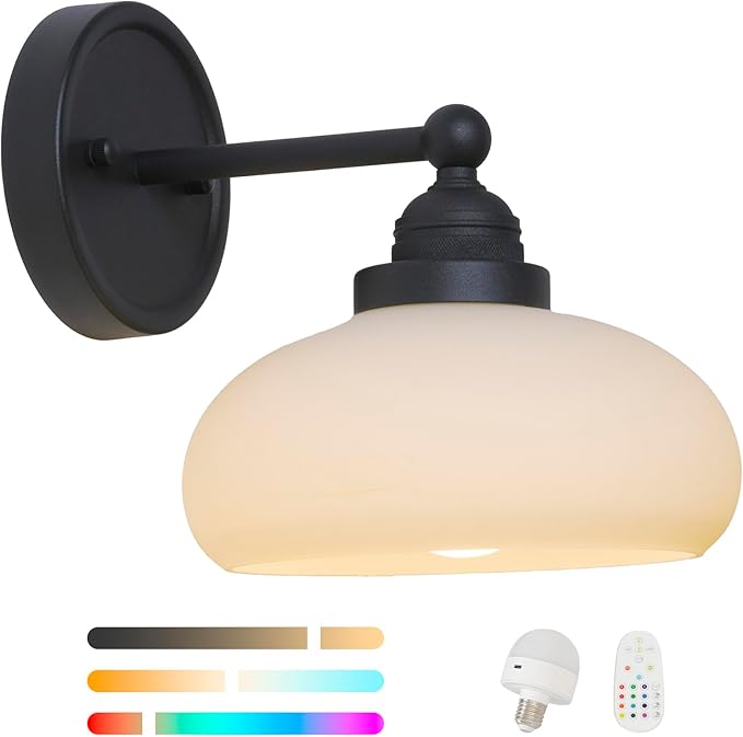 HEQIQEH Remote Wall Sconce with Milky Oval Glass Shade, Matte Black Vintage Wall Light Fixture with Timer, 15 Color Rechargeable LED Bulb, No Hardwiring Required for Indoor Wall Mount Light