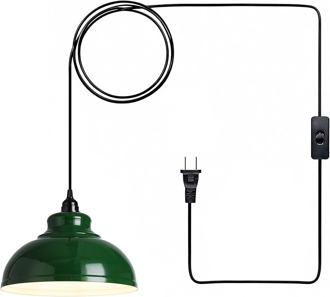 Plug in Pendant Light: Green Hanging Lamp Plug in, 14.7ft Swag Lamp Cord with On/Off Switch for Kitchen Island/Dining Room/Bedroom/Living Room Hanging Light, No Bulb