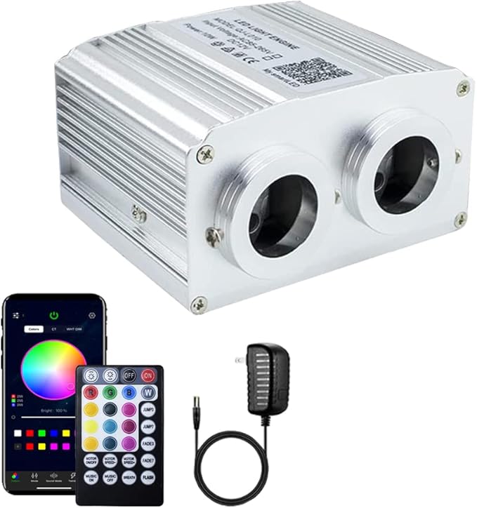 AZIMOM Dual Port 16W Twinkle Fiber Optic Starlight Box Sound Activated RGBW Fiber Optic Light Source APP/Remote Control Dual Head Light Engine Driver for Car Home Ceiling Star Lighting Decor