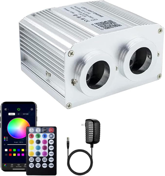 AZIMOM Dual Port 16W Twinkle Fiber Optic Starlight Box Sound Activated RGBW Fiber Optic Light Source APP/Remote Control Dual Head Light Engine Driver for Car Home Ceiling Star Lighting Decor