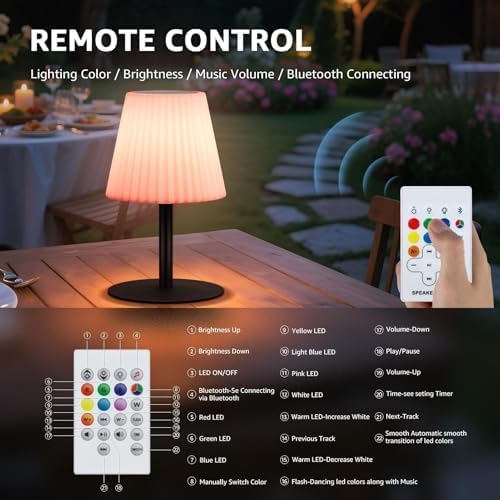 2 Pack Shower Lamp with Speaker IP44 Waterproof, Rechargeable Cordless Table Lamp RGB Color with Remote, LED Battery Operated Lights for Inside/Outdoor Bathroom Night Light Patio