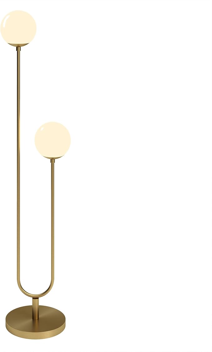 Henn&Hart 68.5" Mid-Century Modern 2-Light Floor Lamp with White Milk Glass Globe Shade for Living Room, Bedroom, or Office, Gold