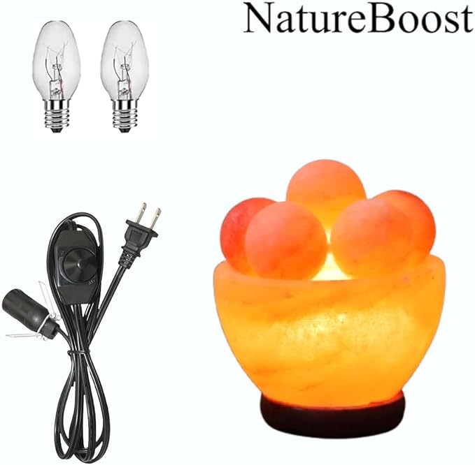 NB Himalayan Pink Salt Lamp Bowl with Salt Balls – Hand-Carved Crystal Rock Salt Lamp with Dimmer Switch & 2 Bulbs – Authentic from Pakistan – Soothing Amber Glow for Home & Office Décor