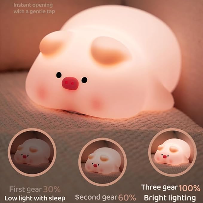 Cute Pig Night Light, 3 Level Dimmable Nursery Nightlight, Kawaii Lamps Squishy Silicone Rechargeable Touch Lamp, Best Gift for Kids Adults Room Decor