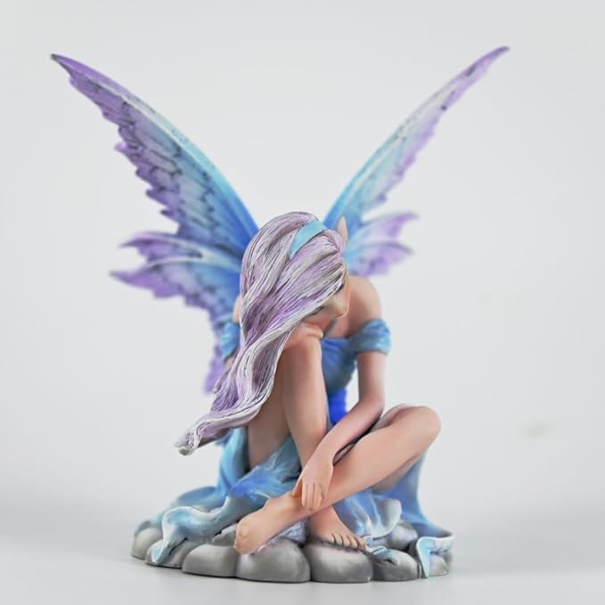 Fantasy Cloud Base Fairy Figurine, 6.1 Inch Blue-Purple Gradient Elf Statue, Hand-Painted Resin Decor with Gradient Wings & Hair for Living Room, Bedroom, Fairy Garden