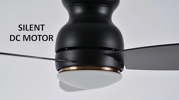 CEME 44 Inches Black Ceiling Fan with Light Flush Mount, DC 10 Speeds Silent Ceiling Fan with Remote, 3 Dual Finish Blades, 3 Light Colors Dimmable LED for Living Room, Bedroom