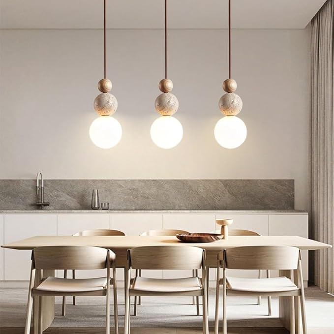 Natural Stone & Wood Pendant Light Fixture | Spherical Milk Glass Hanging Lamp | Modern Organic Ceiling Light | Adjustable Bedside Suspension Light for Dining Room, Kitchen Island, Bedroom(Solid wood)
