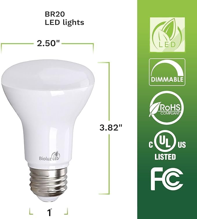 Bioluz LED BR20 LED Light Bulbs 10-Pack, 6W = 50W, 3000K Soft White Light Bulb, 540 Lumens, 90 CRI, Dimmable LED Light Bulbs, UL-Listed for Indoor/Outdoor, CEC Title 20 Compliant Flood Light
