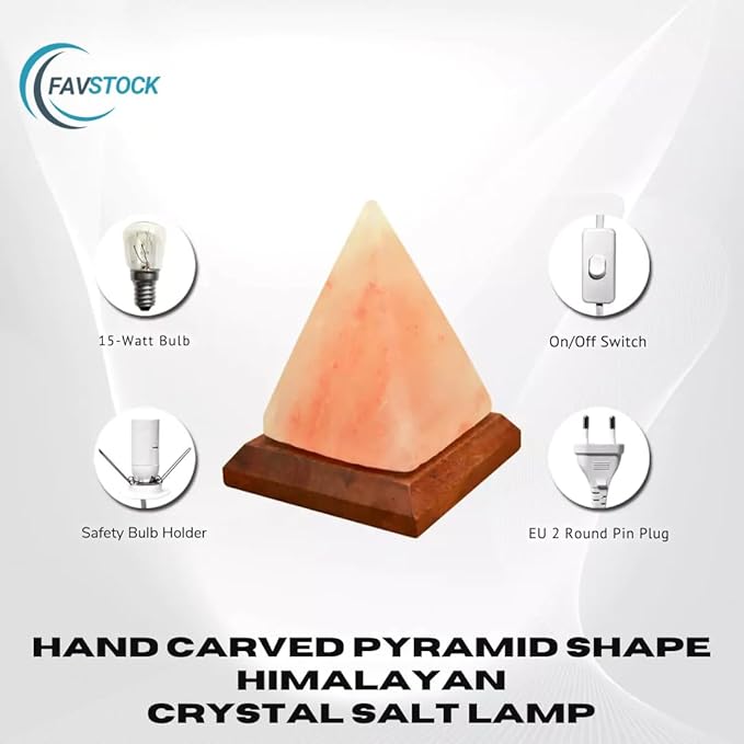 Himalayan Salt Lamp, Natural Pyramid Salt Rock Lamp with Handcrafted Wooden Base & Night Light, Soothing Amber Glow, for Home, Office, Yoga Decor, 6 x 4.5 Inches