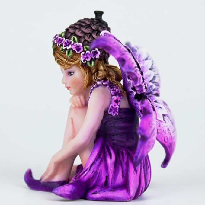 Fantasy Pinecone Hat Purple Flower Fairy Figurine, 8cm Purple Wings Elf Statue, Hand-Painted Resin Decor for Mini Fairy Garden, Desk & Plant Pot