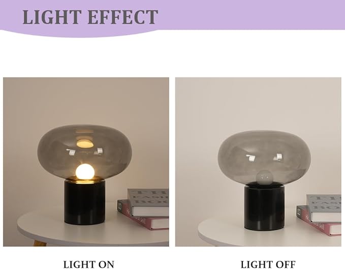 Meefad Glass Table Lamp, Mushroom Shape Bedside Lamp with Marble Base, Small Night Light for Bedroom Office Nightstand Smoke Gray Finish