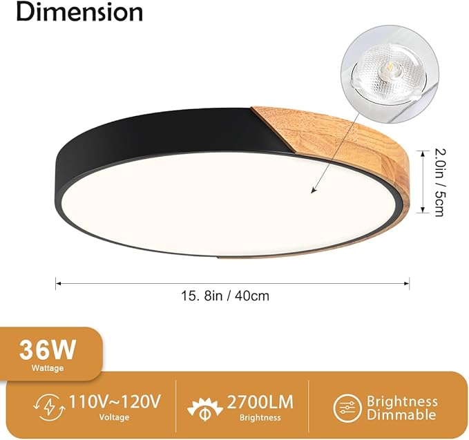 Vikaey Modern Dimmable LED Ceiling Light, Minimalist Wood Style 5CCT 2700K-6000K Flush Mount Ceiling Light Fixture, Round Lighting Lamp for Bedroom Living Room Dining Room Laundry, Black, 15.8"