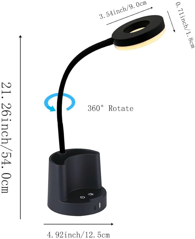 HomeFocus LED Desk Lamp, Eye-Caring Dimmable Reading Light, RGB Night Light, Student Lamp, Metal Flexible Gooseneck, Black, for Home, Office, Gift for Kids, Students, Women