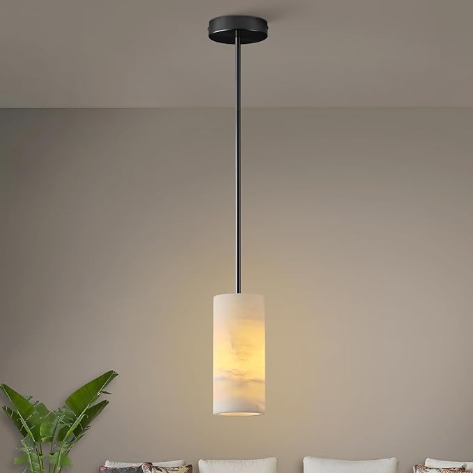 Alabaster Pendant Light Kitchen Island, H-9.5in Black Pendant Light Fixtures with Natural Marble Shade, Adjustable Ceiling Pendant for Dining Room, Living Room, Bedroom & Bathroom