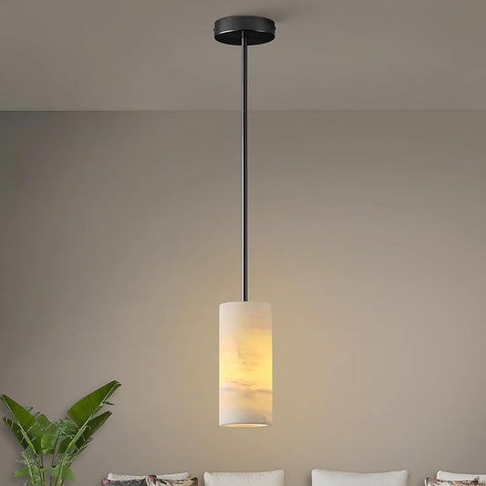 Alabaster Pendant Light Kitchen Island, H-9.5in Black Pendant Light Fixtures with Natural Marble Shade, Adjustable Ceiling Pendant for Dining Room, Living Room, Bedroom & Bathroom