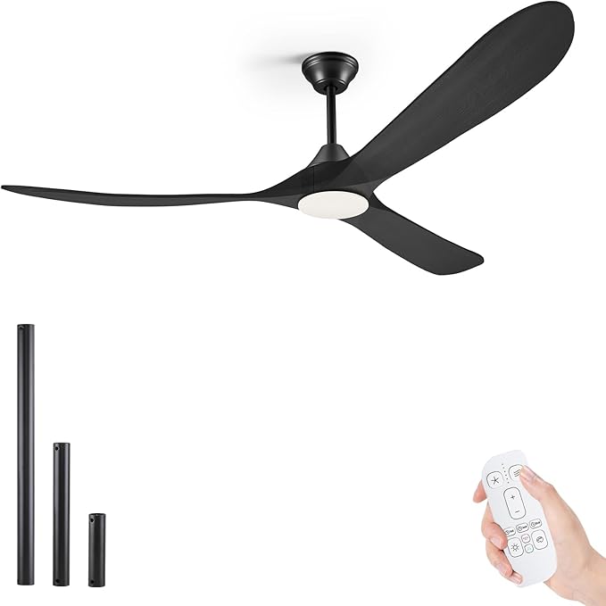 60 Inch Black Outdoor Ceiling Fans for Patios with Light, 3 Blade Modern Wood Ceiling Fans with Remote Quiet DC Motor, Large Airflow Indoor Outside Ceiling Fan for Bedroom Office Gazebo Garage Porch