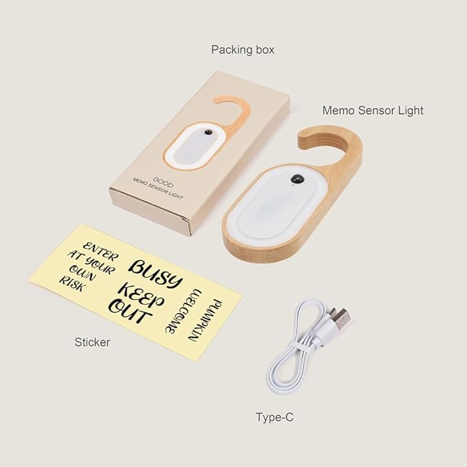 Wooden Message Motion Sensor Night Light with Memo Stickers, Doorknob Board LED Lamp, Rechargeable Doorhandle Hook Design for Bedroom, Bathroom, 2Pack