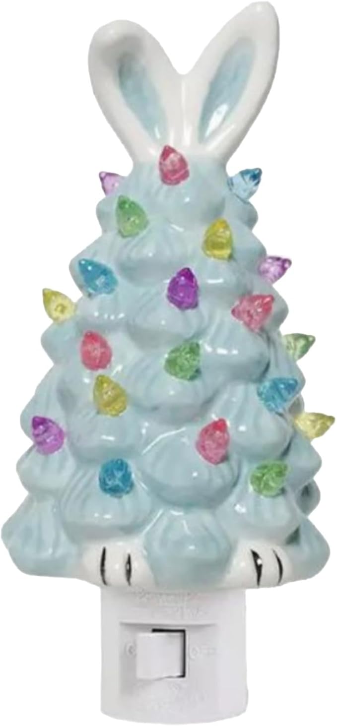 Easter Bunny Tree,Bunny lamp,Glowing Bunny Imitation Ceramic Tree,Resin Bunny Figurine with Colorful Lamp,Light Up Tree with Rabbit Ears,Easter Night Light for Home Decorations (E)
