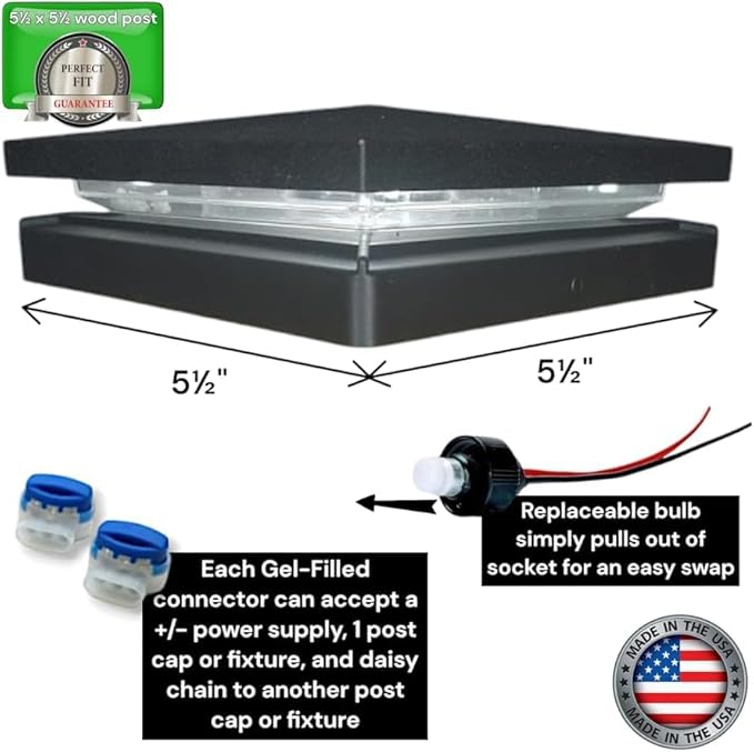 DekLights® DIY Line LED Lighted Post Cap for 6x6 Wood Posts (True 5.5"x5.5"). Our 12volt Low Voltage with Replaceable LED Bulb. for Your 6x6 Fence Posts (Black Cap 3000k Bulb)