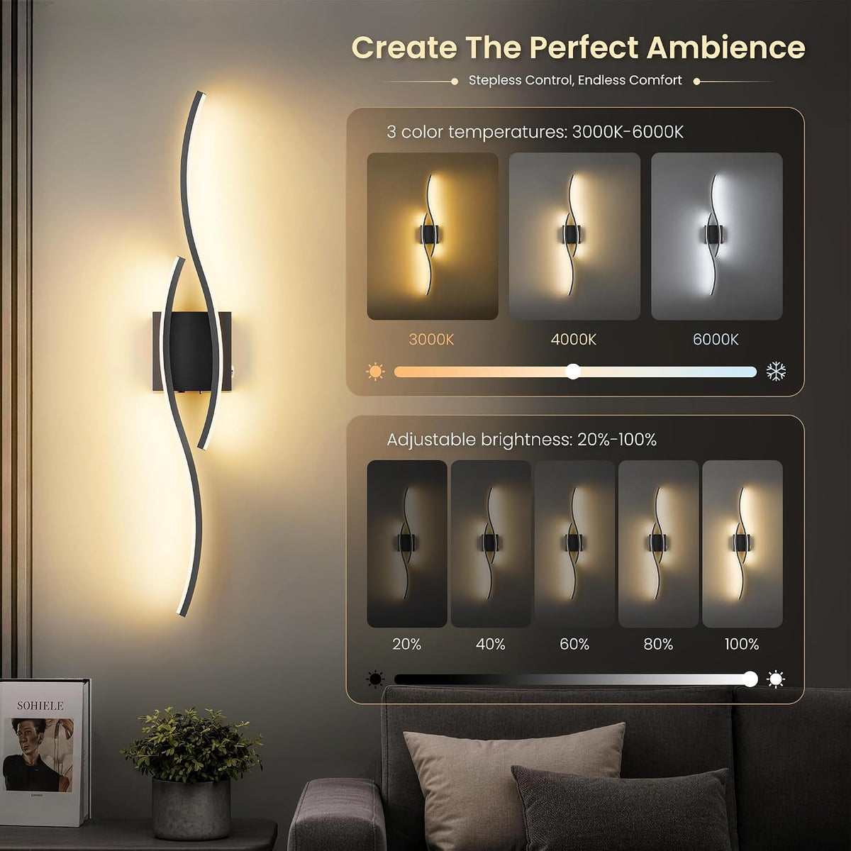 31.5-Inch Cordless LED Wall Sconces with Remote & Touch Control, Black, Set of 2
