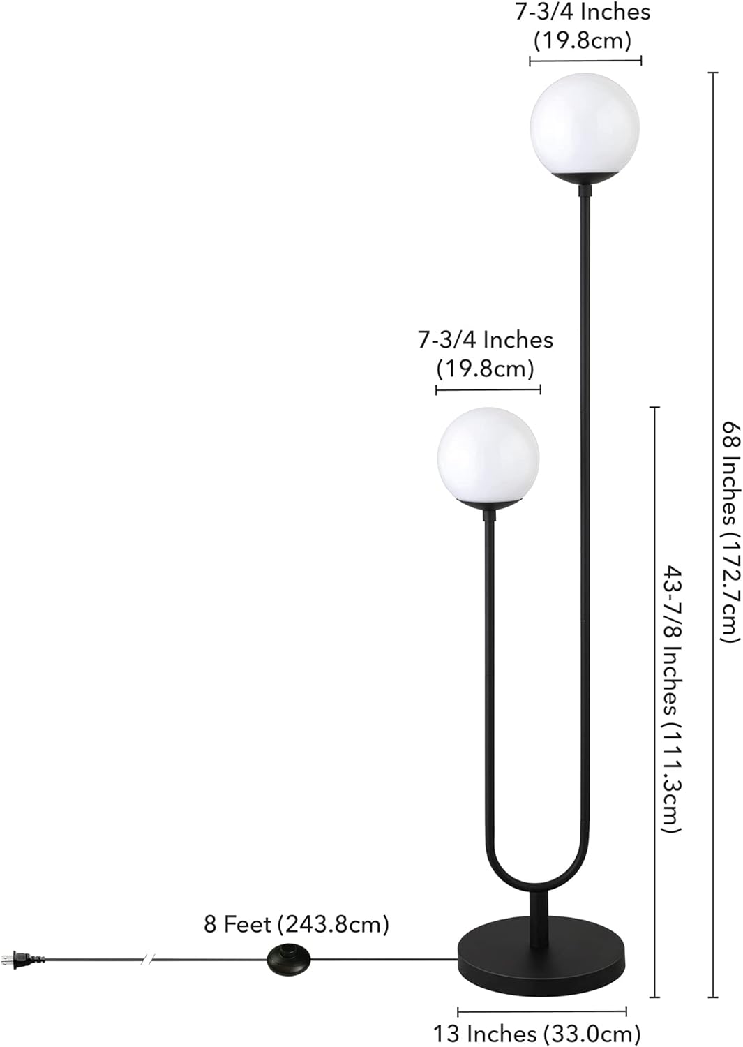 Henn&Hart 68.5" Mid-Century Modern 2-Light Floor Lamp with White Milk Glass Globe Shade for Living Room, Bedroom, or Office, Black