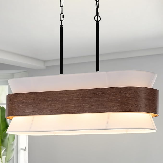 31.5" Farmhouse Kitchen Island Chandelier 4-Light Dining Room Light Fixture, 2-Tier Chandelier with Wood Grain Finish and White Fabric Shade, Adjustable Pendant Lights for Kitchen Island Over Table