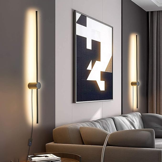 Modern Plug in Wall Sconce Set of 2 LED Black Wall Lights with Plug in Cord On/Off Switch 39 3/8 inches Warm White Wall Mounted Deco Lamp for Living Room Bedroom(2-Pack)