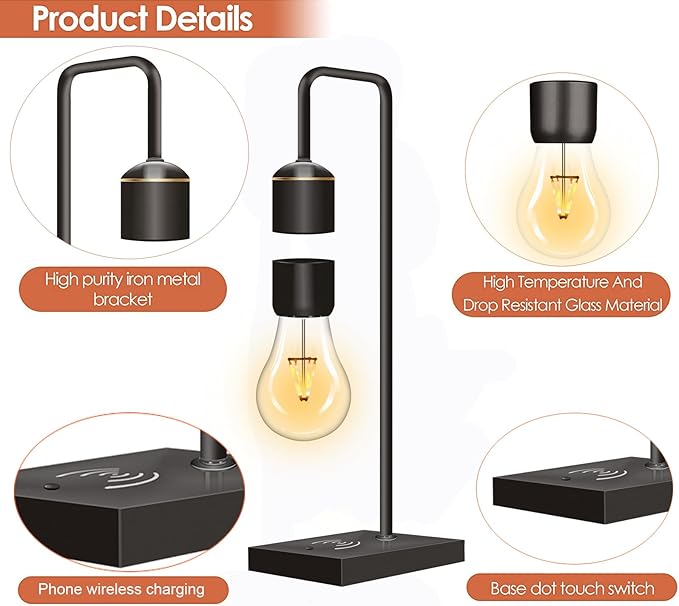 Magnetic Levitating Light Bulb with Luxury Wireless Charging Pad (Apple/Android) Levitation Plastic Black Floating Table Lamp White LED Night Light for Bedrooms Desk Toys Office Gifts