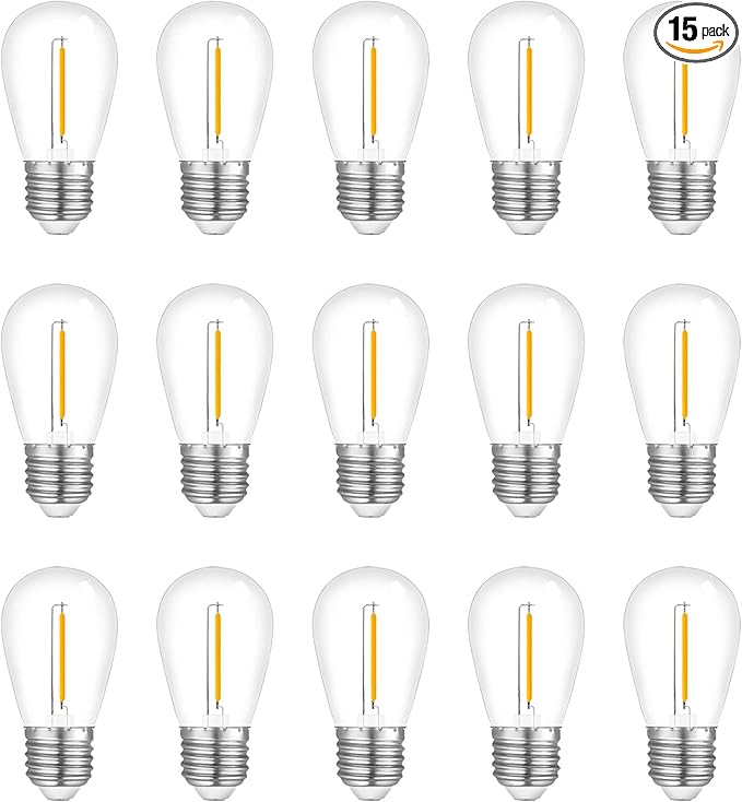 15-Pack String Light Bulbs, S14 LED Outdoor Waterproof Replacement Bulb, E26 Base Bulbs, 1W 120V, 2700K Warm White