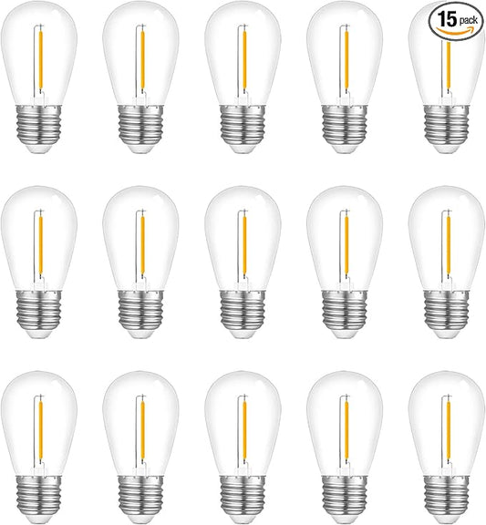 15-Pack String Light Bulbs, S14 LED Outdoor Waterproof Replacement Bulb, E26 Base Bulbs, 1W 120V, 2700K Warm White