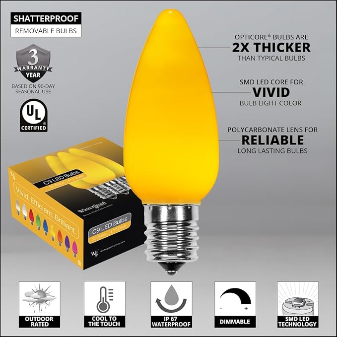 Wintergreen Lighting C9 OptiCore LED Commercial Outdoor Christmas Lights Heavy Duty Christmas String Lights; Green Wire (50 Lights, 50 ft, Gold Smooth/Opaque)