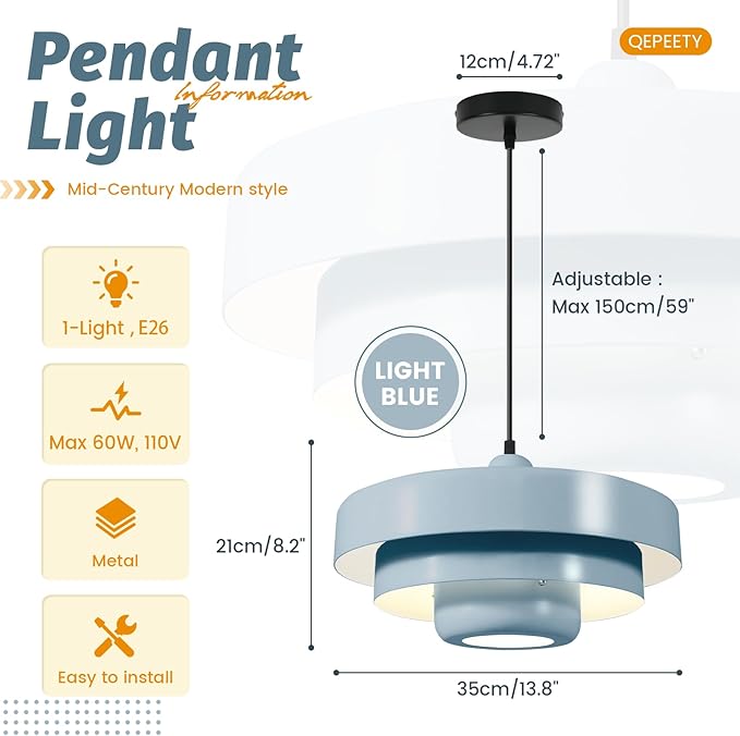 Light Blue Nordic Pendant Light, 59" Adjustable Cord, Mid Century Modern Ceiling Chandelier for Entryway, Laundry Room, Dining Room, Retro Hanging Lamp