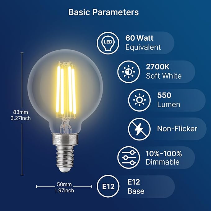 FLSNT 60W Equivalent LED Globe Candelabra Bulbs, Dimmable G16.5 LED E12 Chandelier Light Bulbs, 550LM, CRI90, 5.5W, AC 120V, 12 Pack, 2700K Soft White