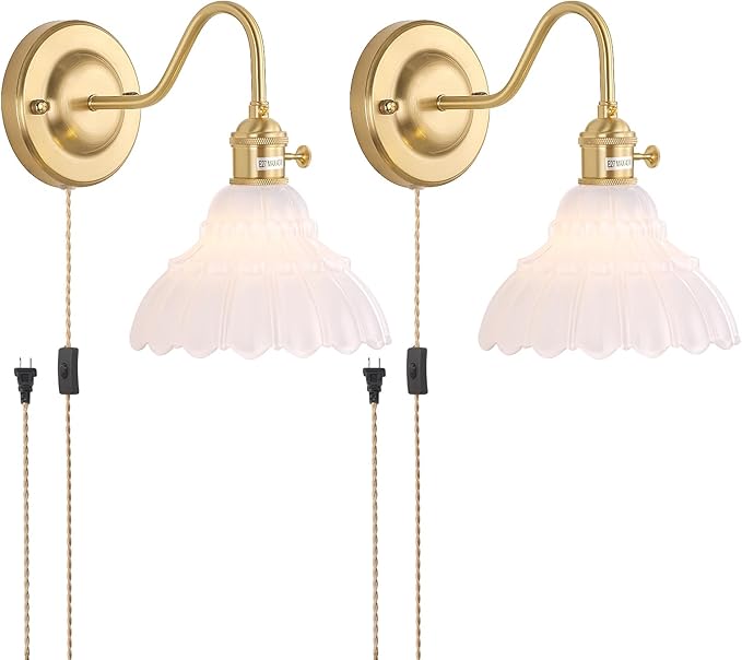 Plug in Wall Sconce Set of 2, Gold Vintage Wall Decor Lights with White Lily Glass Shade, Indoor Brass Corded Wall Lamp Fixture for Bedroom Living Room Bathroom Hallway