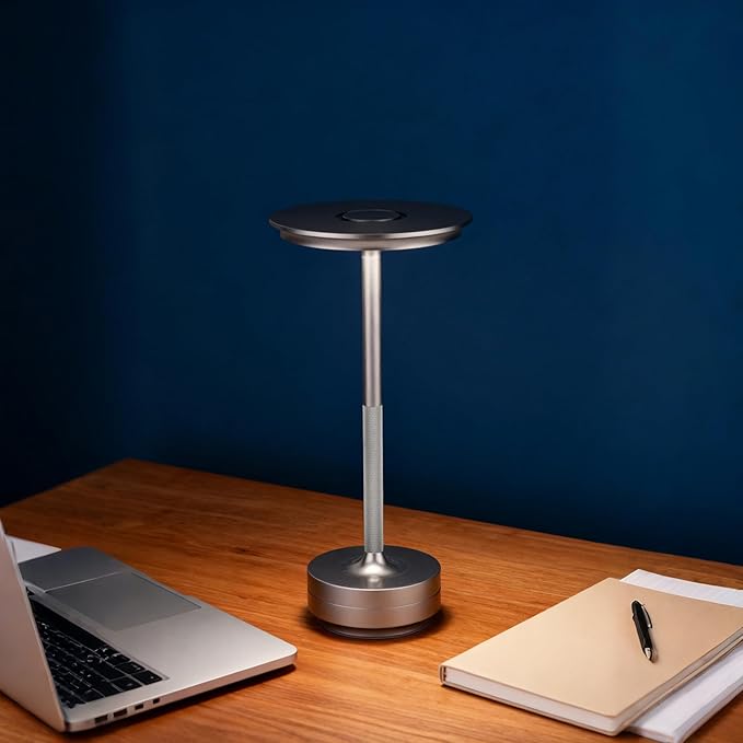 Cordless Table Lamp Rechargeable - 5000mAh Battery Operated LED Table Light with Touch Stepless Dimming - Portable Silver Metal Outdoor Lamp for Patio, Restaurant, Bedroom