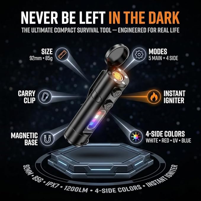Pocket Rechargeable EDC Flashlight, 500 Lumens Keychain Light with Fire Starter & Window Breaker, Multi-Color Sidelights & Magnetic Base for Emergency, Camping, Car
