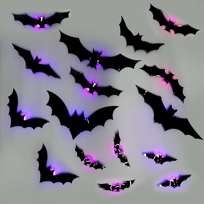 Halloween LED Bats Light Wall Stickers Glow in The Dark 3D Wall Decor for Home Decor Indoor Party Decorations (24, 5 Sizes)