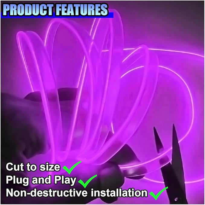 EL Wire Car Interior LED Strip Lights, 5V 16FT Neon Light Strip with Sewing Edge, USB Electroluminescent Car Interior Lights with Fuse Protection, Vehicle Ambient Lighting Decorations (Purple)
